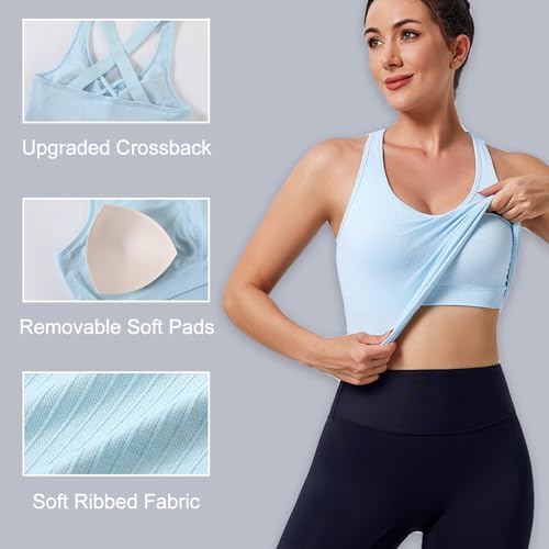 Evercute X-Large 3 Pack Women's Workout Yoga Crop Tops Seamless Strappy with Built-in Bra - Black, Icing-Blue, Sage-Green