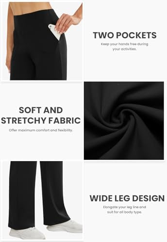 Wide Leg Yoga Pants for Women - High Waist, Large, Black
