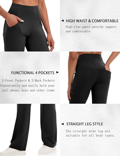 VOOVEEYA 29" Inseam Yoga Pants for Women with Pockets, Tummy Control, Straight Leg Black