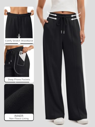 ATHMILE Women's High Waist Wide Leg Sweatpants Black XL - Baggy Lounge Pants