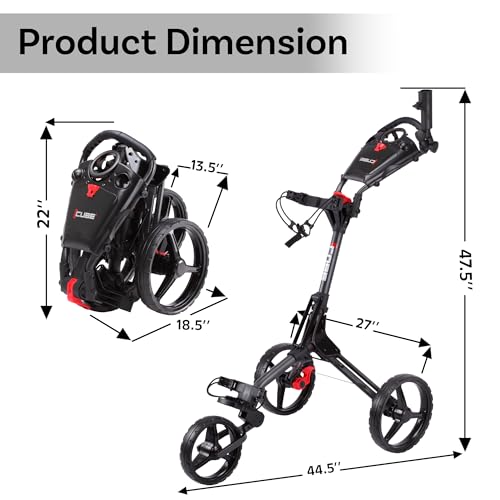 3-Wheel Golf Push Cart - Lightweight Folding with Umbrella Holder - Charcoal/Black