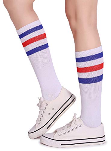 Classic Triple Stripes Soft Cotton Retro Tube Socks - Blue/Red/White