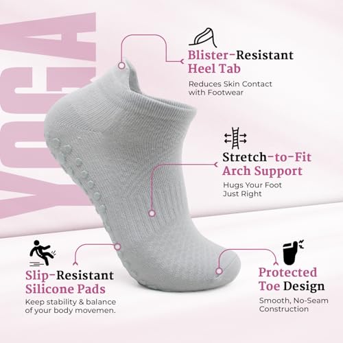 Non-Slip Pilates & Yoga Socks - 4 Pack Combed Cotton Grippy Socks