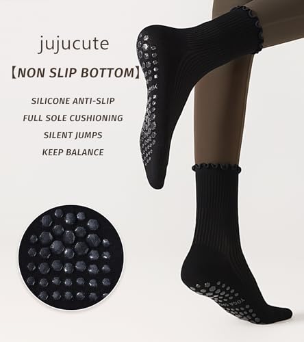 Non-Slip Pilates Socks for Women - 4 Pairs with Ruffles - Black, Brown, Caramel, White