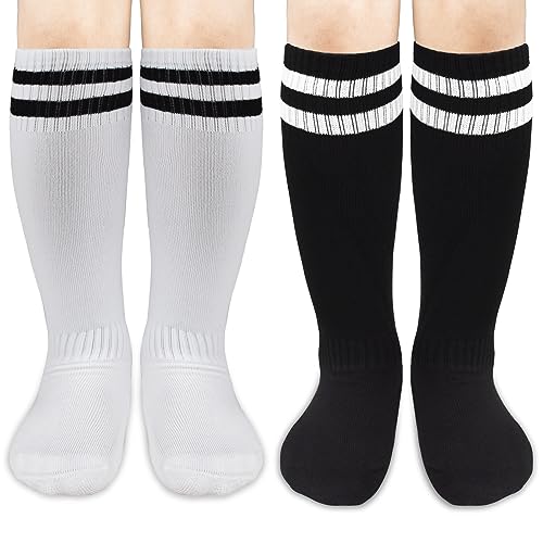 Kids Soccer Socks - 2 Pairs Knee High Striped Tube Socks - 6-12 Years - White Black & Black White