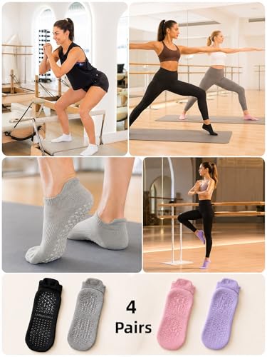 Non-Slip Grip Socks for Women - Pilates, Yoga, Barre - Black/Gray/Pink/Purple