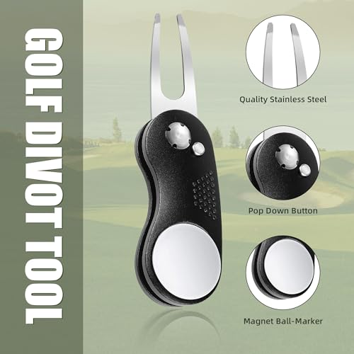 Golf Divot Repair Tool - Metal Foldable with Magnetic Ball Marker - Black Curve