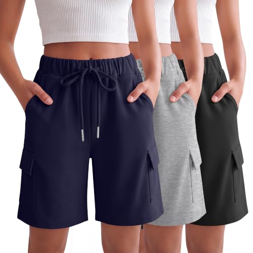 JoyMotion Girls' Cargo Bermuda Shorts 3-Pack for Ages 13-14 - Navy Blue, Gray, Black