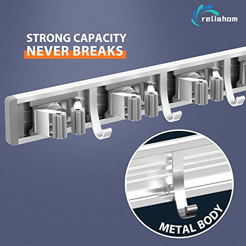 reliahom 2 Pack Broom Holder Wall Mount Mop and Broom Hanger Wall Mounted Garage Storage Rack Kitchen Garden Tool Organizer (5 Racks with 4 Hooks, Silver)
