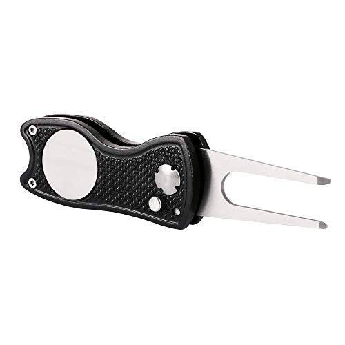 Golf Divot Repair Tool - Foldable Metal with Magnetic Marker - Black Fish