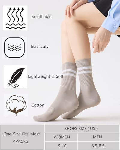 Womens Athletic Striped Crew Socks - 4 Pairs White, Black, Grey, Khaki