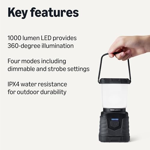 Amazon Basics 1000 Lumen LED Camping Lantern, 360° Dimmable, IPX4 Water Resistant