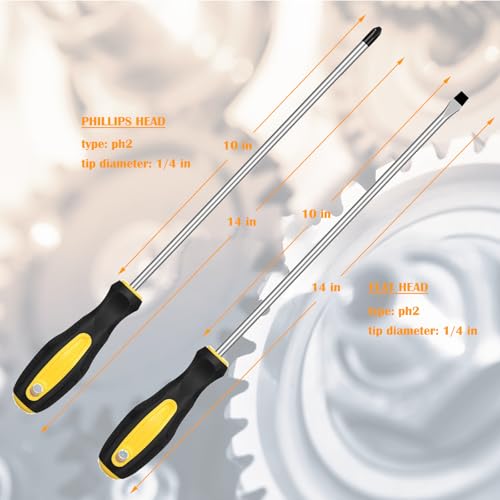 Long Magnetic Screwdriver Set, 2pcs 10in Extra Long Phillips Slotted Screwdriver, Heavy Duty, Rubber Handle, Magnetizer/Demagnetizer, Chrome Vanadium Steel