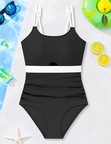 Girls One-Piece Color Block Swimsuit with Cutout - Black, 11-12 Years
