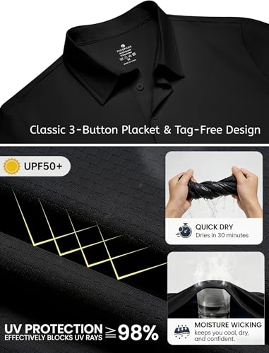 Men's Golf Polo Shirt - UPF 50+ Moisture Wicking - Large, Black