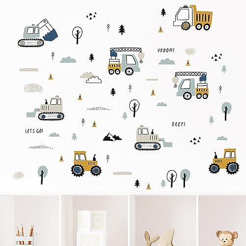 Construction Vehicles Wall Decals Excavator Tractor Crane Wall Stickers Boys Bedroom Kids Room Wall Decor