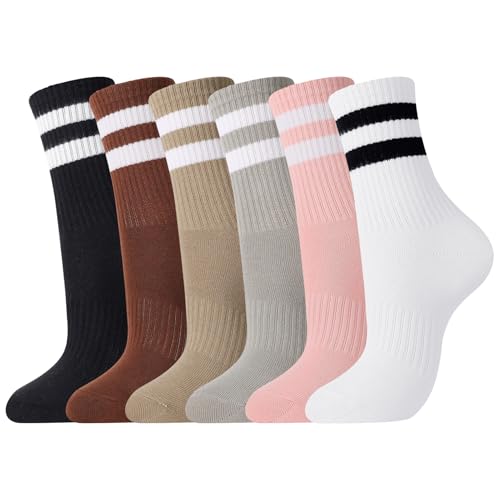 Women's Striped Crew Socks - Earthy Tone 2-Stripe, Cotton, 12 Pairs