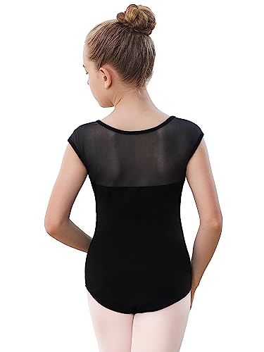Stelle Girls Ballet Leotard with Cotton Mesh Cap Sleeves for Dance Class, 8-9 Years, Black