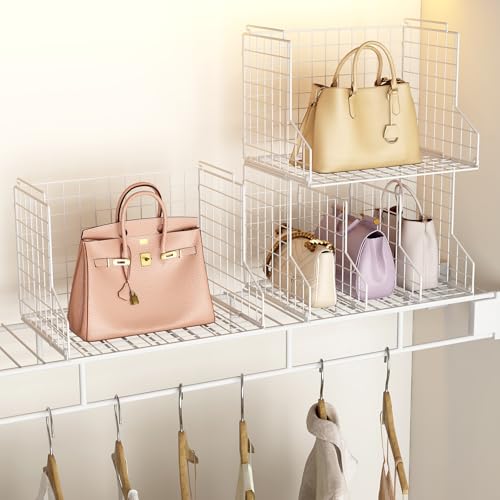 Purse Storage Organizer for Closet : Adjustable 2-Pack Dividers Handbag Organizer - Stackable Wire Handbags Storage Baskets -Open Cabinets Wallets Tote Chain Bags Clutches -White