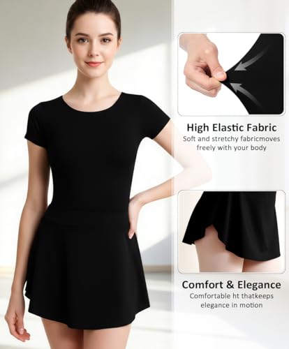 WYHDY Women Short Sleeve Ballet Leotard with Pull-On Skirt - Small Black