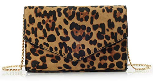 HOXIS Brown Leopard Print Envelope Evening Clutch with Chain