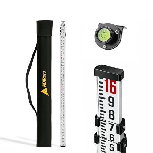 AdirPro 16FT Aluminum Grade Rod - 10ths, Dual Sided Telescopic Leveling Tool with Bubble Level & Carry Case