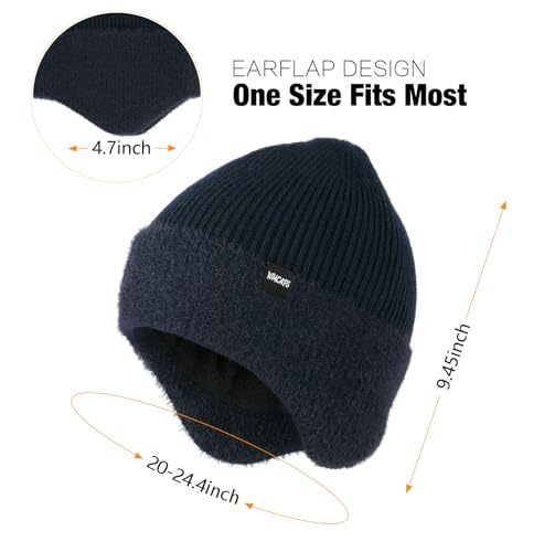 Wmcaps Navy Blue Winter Fleece-Lined Beanie with Earflaps for Men & Women Outdoor
