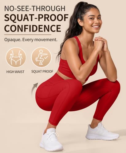High Waisted Buttery Soft Leggings for Women - Two Pocket, XX-Large, Red