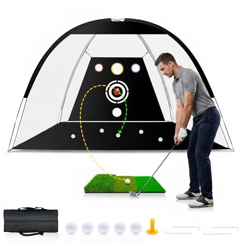 Golf Practice Net Bundle - 10x7ft with Tri-Turf Mat & 4 Targets - Black/White-Pro