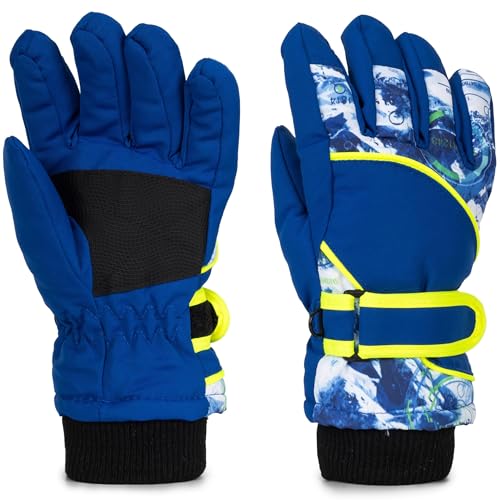 Kids Winter Ski Gloves - Windproof Water-Resistant Warm Mittens - Blue, Medium