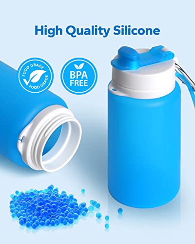 Collapsible Silicone Water Bottle - 20oz Portable Foldable Sport Bottle - Blue