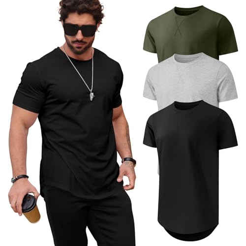 Men's Longline Crewneck T-Shirt - Casual Hipster Hip Hop Style, Short Sleeve, Medium, Black Gray Green