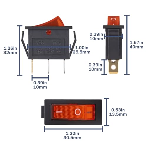 10pcs On/Off Rocker Switch with Red Light - 3 Pin SPST