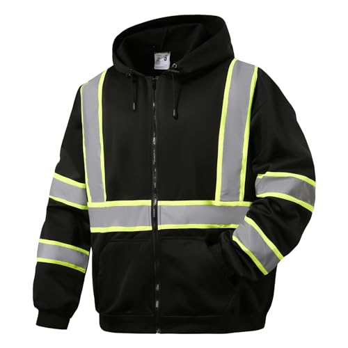 SKSAFETY Hi Vis Work Safety hoodies for Men - Class 3 High Visibility Reflective Hoodie Jacket, High Vis Zipper Hoodie with Black Bottom, Construction Sweatshirts with Pockets