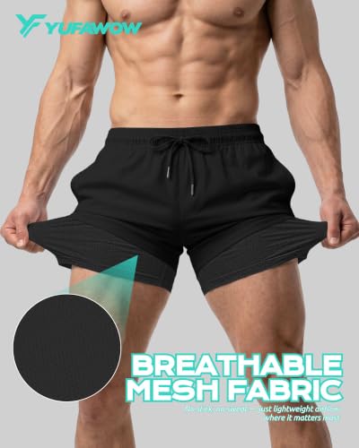 Yufawow Men's 7-Inch Black Swim Trunks with Compression & Breathable Liner - Quick Dry Beach & Gym Wear, Large