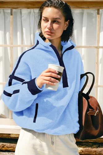 Panadila Women's Half Zip Sherpa Fleece Pullover Jacket - Peri Blue, Medium