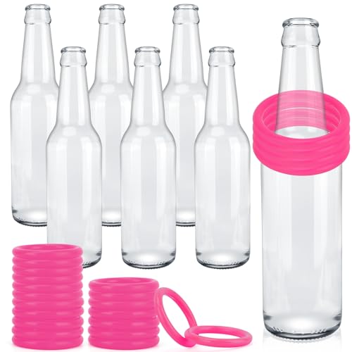 Pink 2.36 Inch Ring Toss Game Set with 6 Glass Bottles and 24 Plastic Rings - Summer Backyard & Carnival Fun