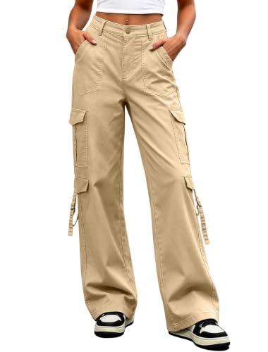 Eddoyee Women’s Cargo Pants - Elastic High Waist Wide Leg Khaki Size Small