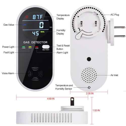 3-in-1 Natural Gas Detector with Temperature and Humidity Display, Plug in Combustible Propane Gas Leak Detector and Audio-Visual Alarm for Home, Hotel (1Pack)