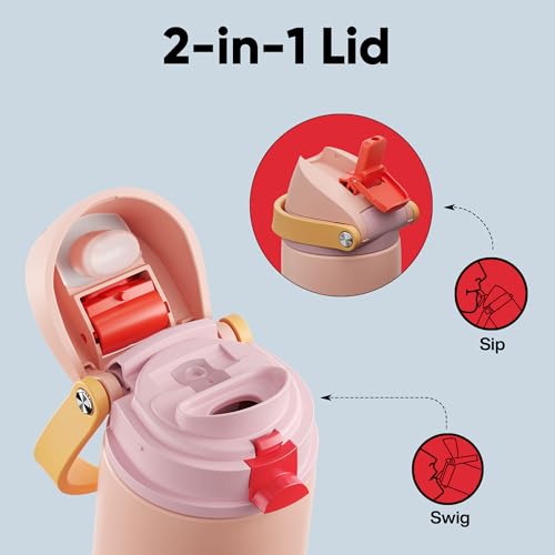 ENCOOL 24 oz Insulated Stainless Steel Water Bottle with Straw & Leak-Proof Lid - Pink Daisy-Red