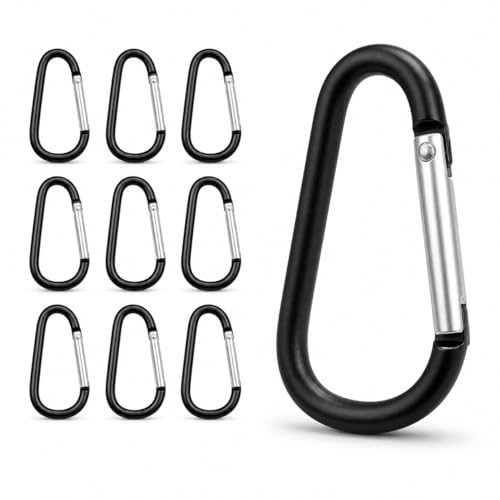 10-Pack Black Aluminum Carabiner Clips - 2.25” D-Ring