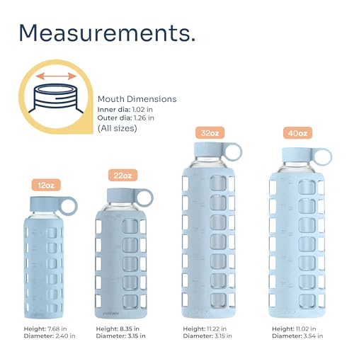 Purifyou 40oz Borosilicate Glass Water Bottle with Time & Volume Markers, Silicone Sleeve & Steel Lid - Ice Blue 1 Count