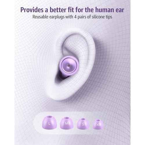 Ear Plugs for Sleeping Noise Cancelling Earbuds:45db Loop Earplugs for Concerts/Shooting/Travel/Snoring Silicone Hearing Protection Sleep Ear Plugs with Reusable 8 Ear Tips (Light Purple)