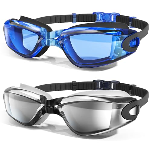 Swim Goggles 2 Pack - Dark Blue Clear Lens + Silver Mirror Lens, Anti-Fog, UV Protection