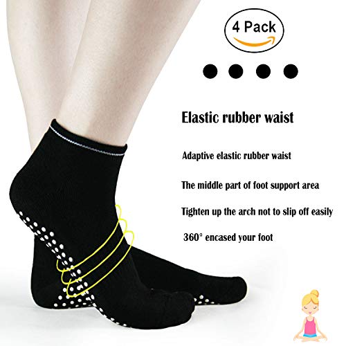 Non-Slip Yoga Socks for Women - Anti-Skid Grip for Pilates - 4-Pack Black