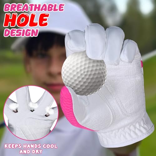 Kids Golf Glove - Left Hand Breathable Junior Glove, Medium Pink (Age 5-7)