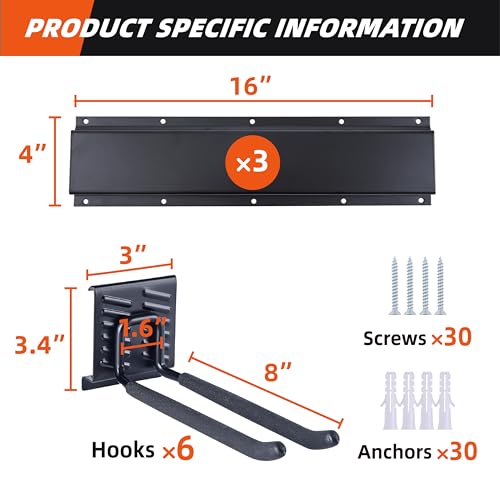 Garage Tool Organizer Wall Mount 48", Garage Wall Organizer 400 lbs, Heavy Duty Garages Organizers and Storage with Adjustable Hooks, Garden Tool Storage Rack for Shovels, Hoses, Ladders