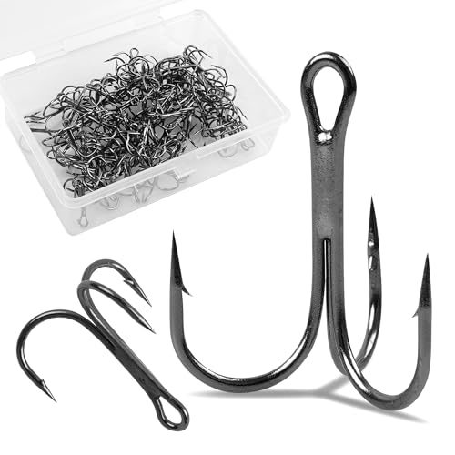 Black 8# Treble Hooks 60pcs High Carbon Steel Fishing Hooks for Saltwater & Freshwater Lures