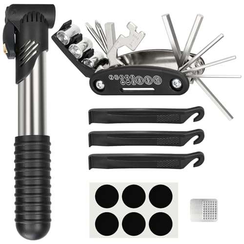 Bike Repair Kit with Mini Pump & 16-in-1 Multi-Tool - Multi-Tool+Inflator+Tire Repair Kit