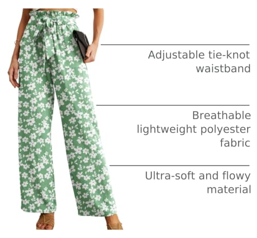 IWOLLENCE X-Large Green White Flower High Waist Palazzo Pants with Pockets, Wide Leg Beach & Lounge Trousers